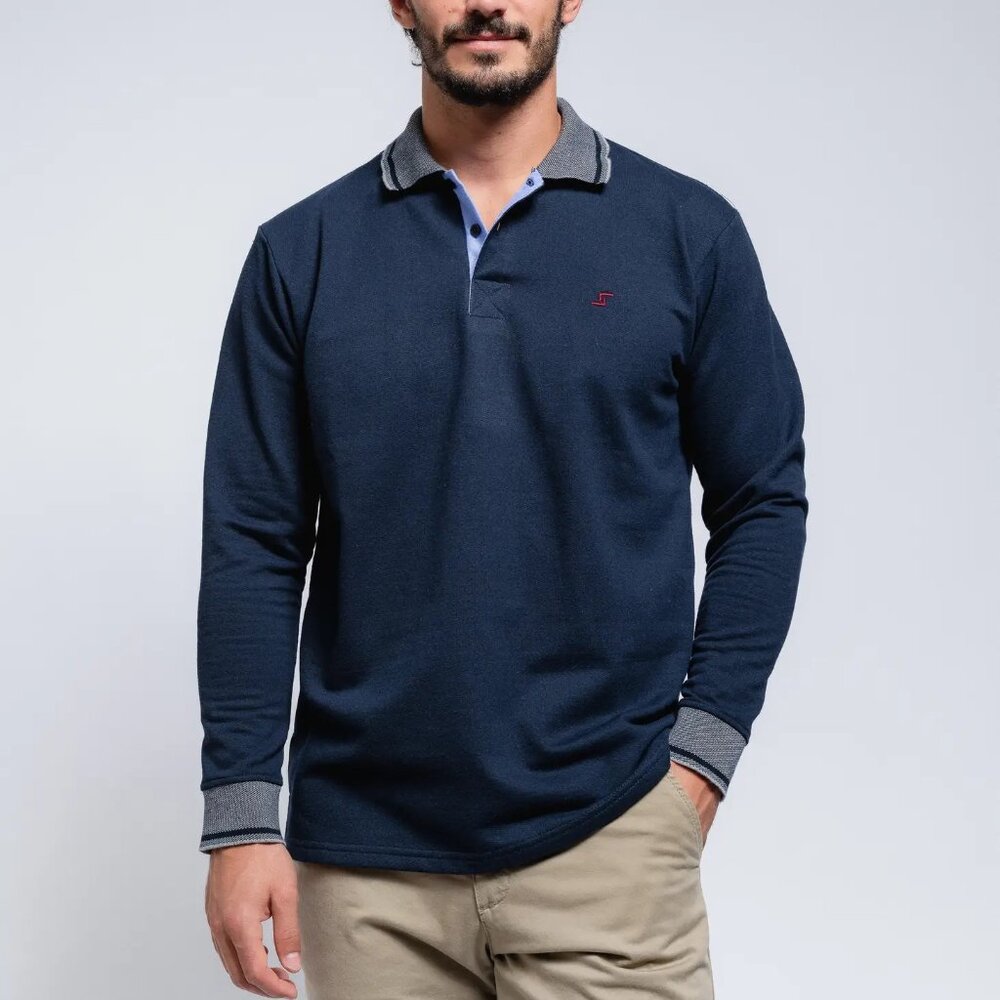 SMF Navy Knit Long Sleeve Button Up Polo With Contrast Collar And Cuff Detail